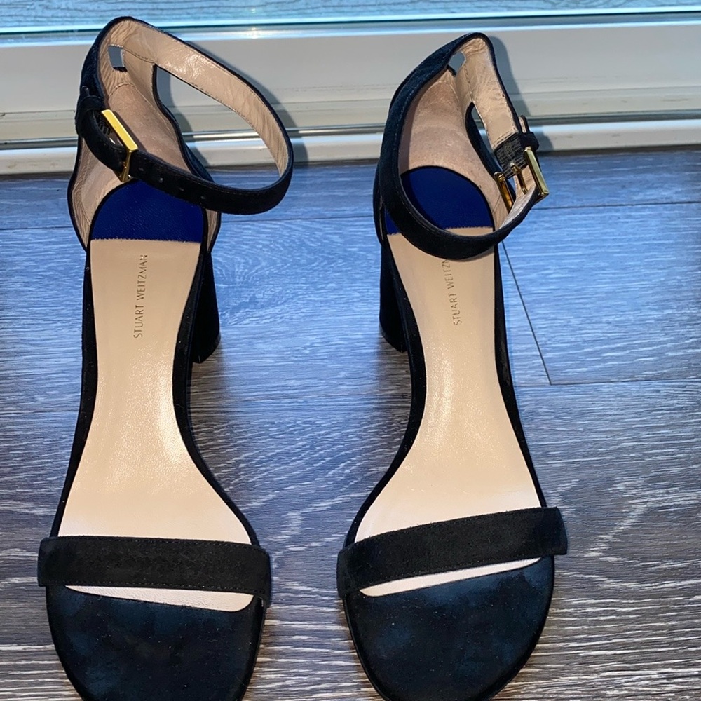 Stuart Weitzman Nearlynude Black Suede Strap Sandal Block Heel 8M